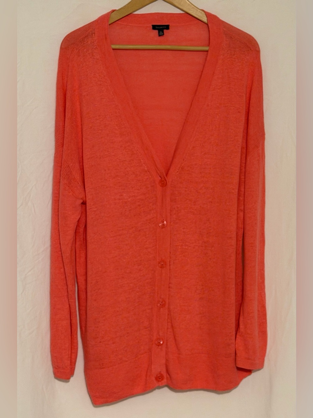 Talbots Bright Coral Coastal Beachy Linen Cardigan Sweater V-Neck Slouchy Knit